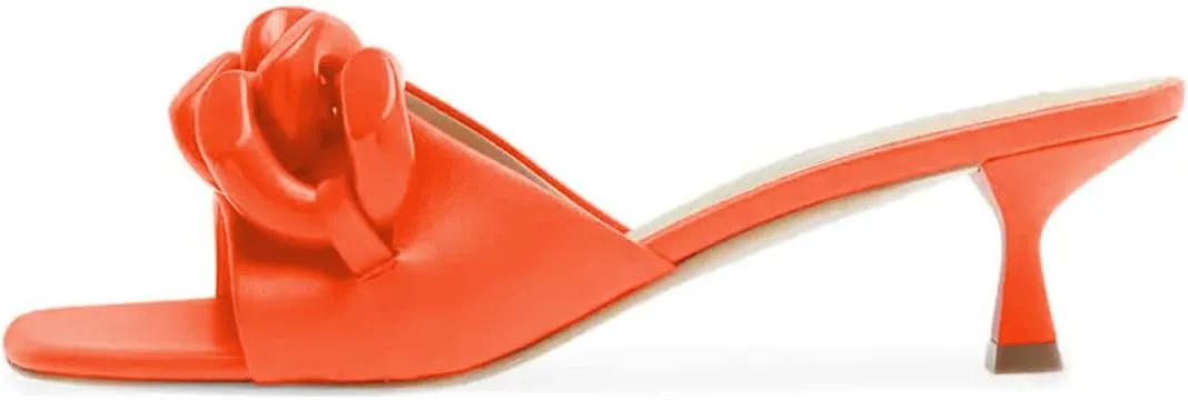 FYS Women Chain Square Open Toe Slip On Mules Low Kitten Heel Strappy Slide Sandals Summer Holiday Parety Dtress Shoes Size 4-15 US