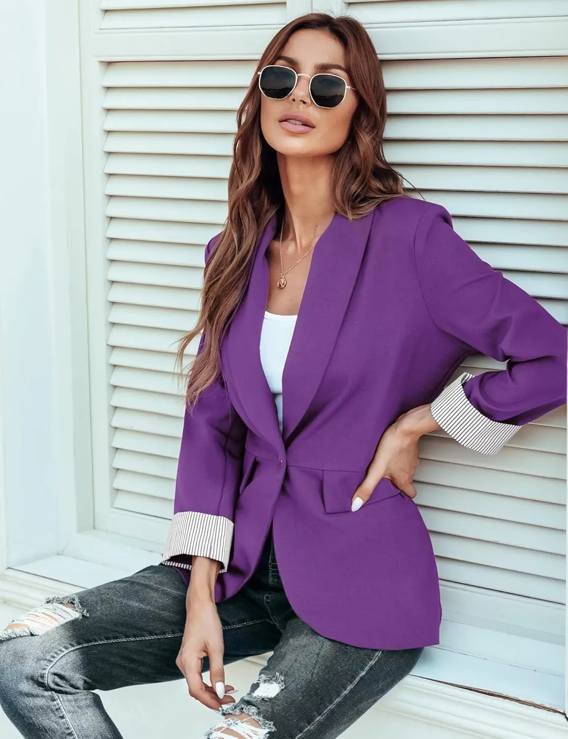 Genhoo Blazer Jackets for Women Open Front Long Sleeve Work Office Casual Blazers with Pockets S-2XL