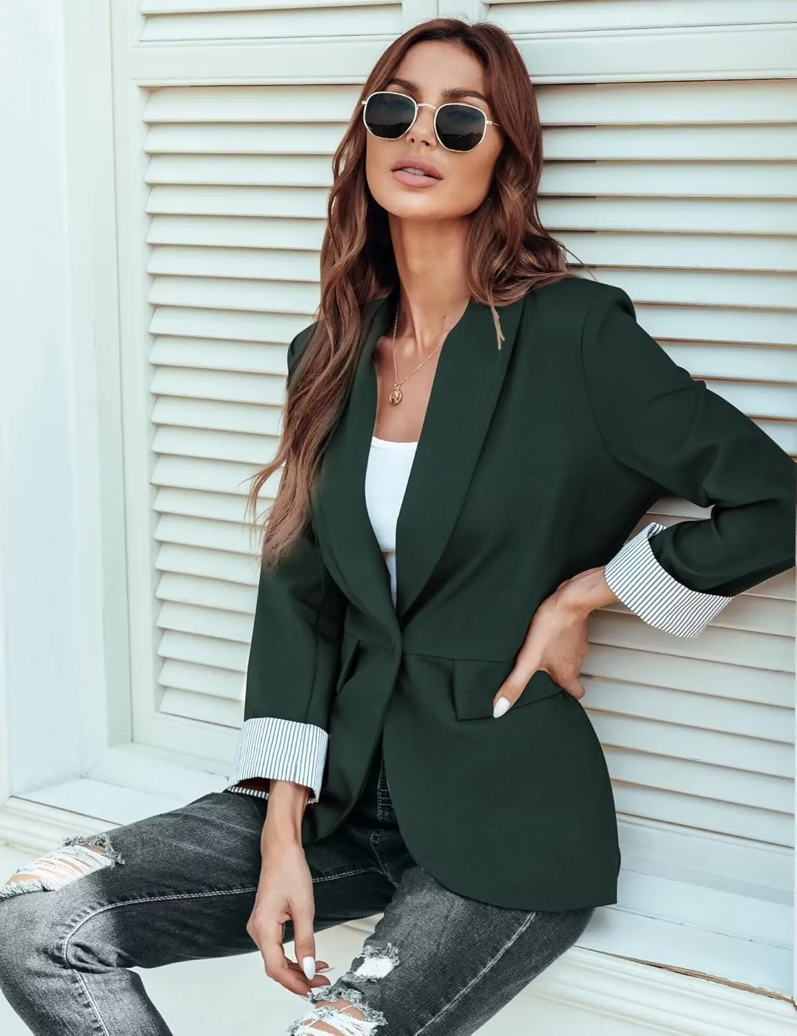 Genhoo Blazer Jackets for Women Open Front Long Sleeve Work Office Casual Blazers with Pockets S-2XL