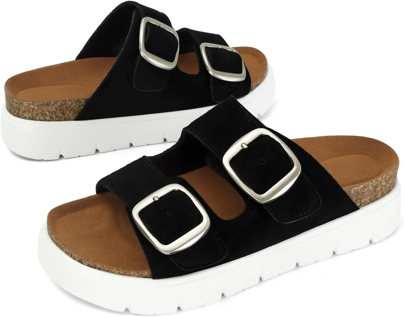 Genuine Leather Platform Sandals for Women Comfortable Summer Beach Slides Sandals with Double Adjustable Buckle