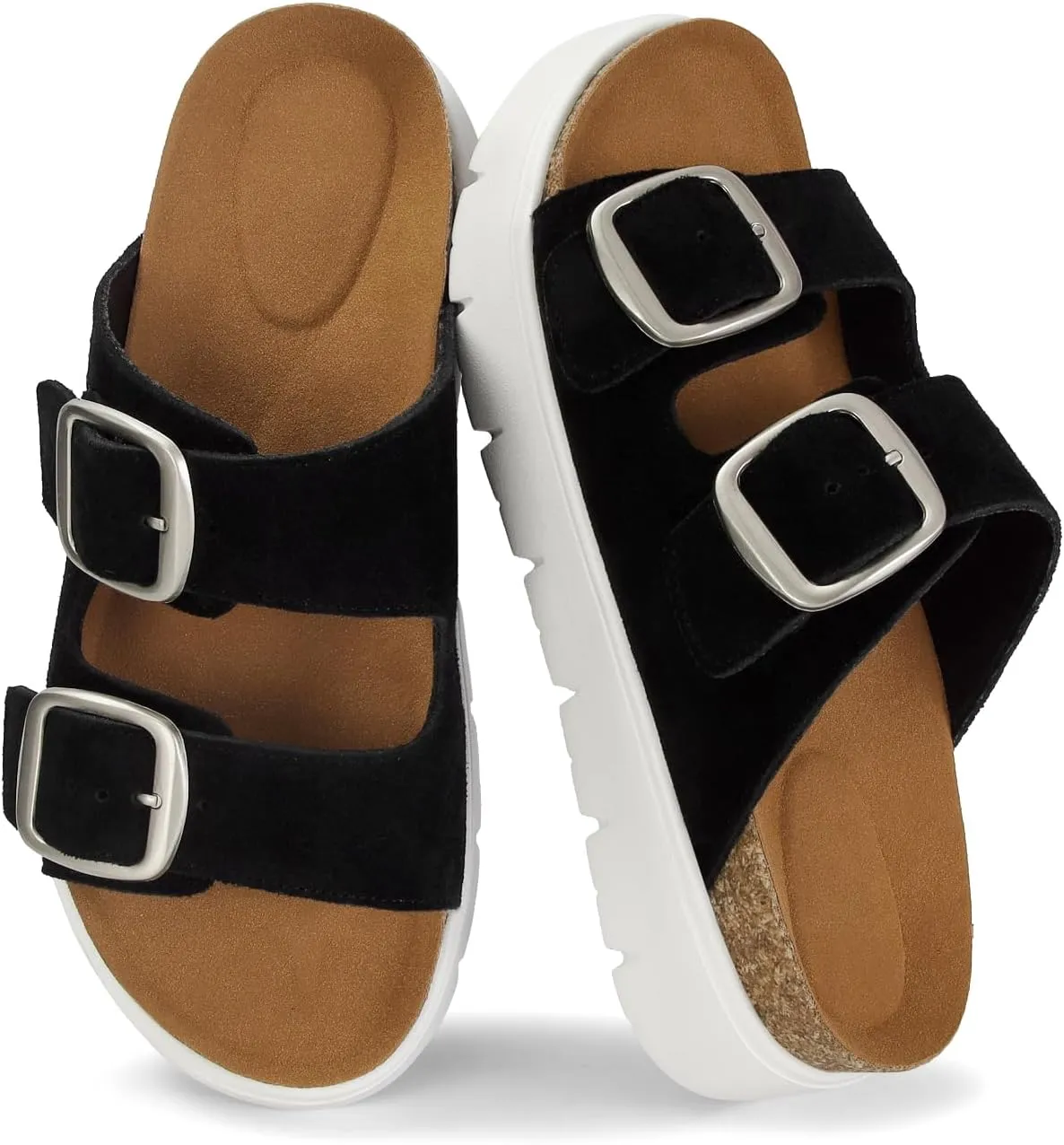 Genuine Leather Platform Sandals for Women Comfortable Summer Beach Slides Sandals with Double Adjustable Buckle