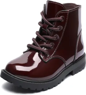 Girls Dress Boots Waterproof Combat Boots Lace Up Side Zipper Patent Ankle Booties for Toddler/Little Kid