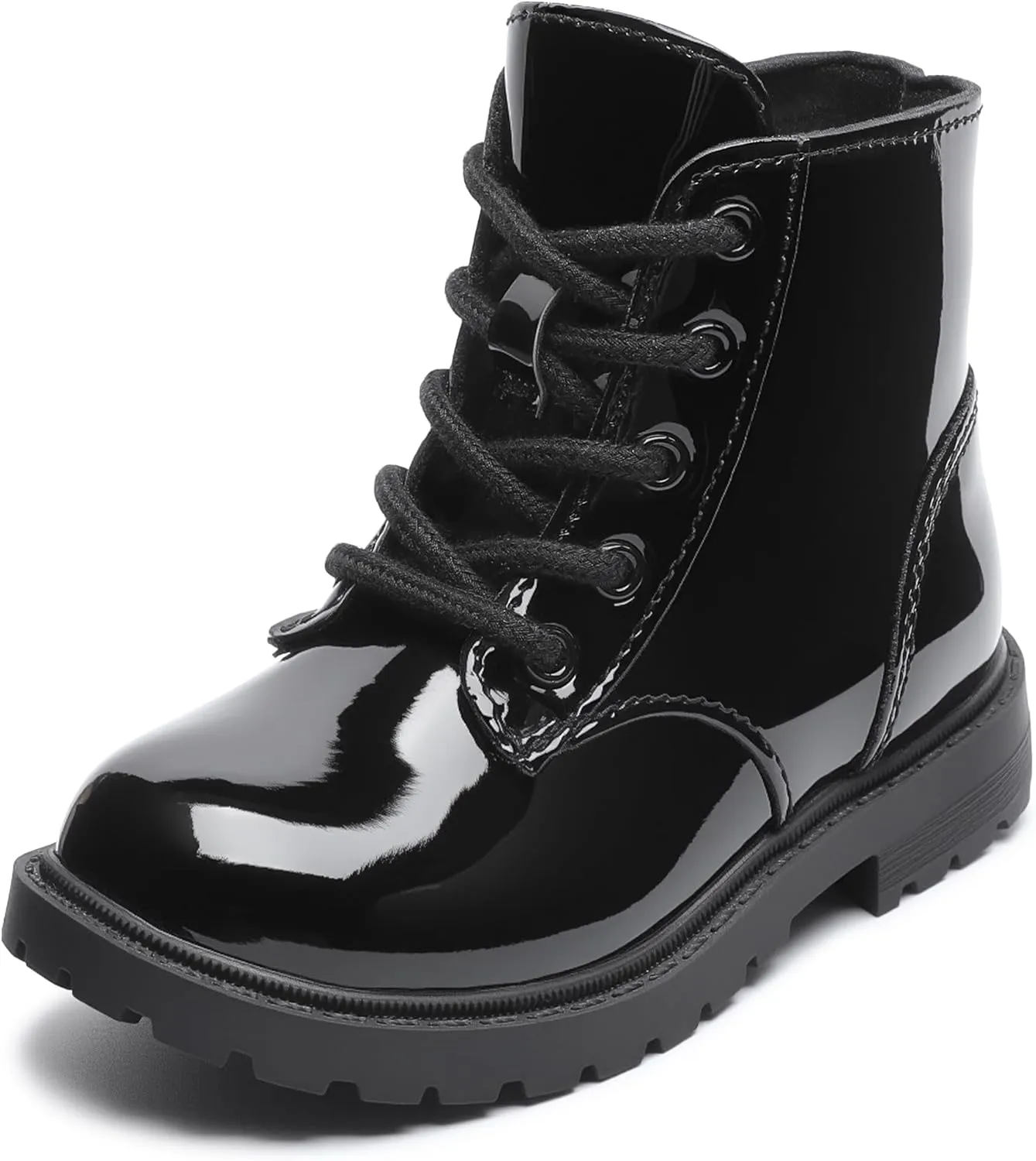 Girls Dress Boots Waterproof Combat Boots Lace Up Side Zipper Patent Ankle Booties for Toddler/Little Kid