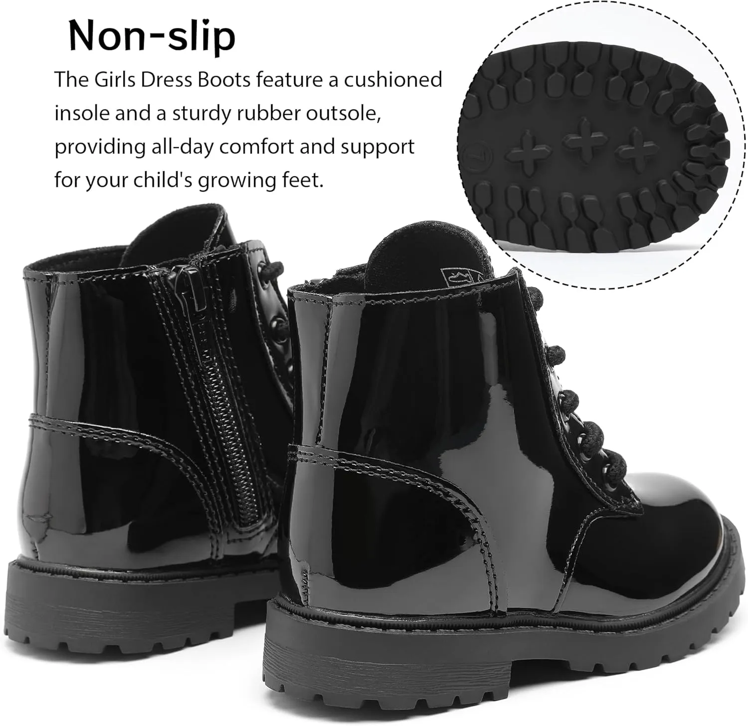 Girls Dress Boots Waterproof Combat Boots Lace Up Side Zipper Patent Ankle Booties for Toddler/Little Kid