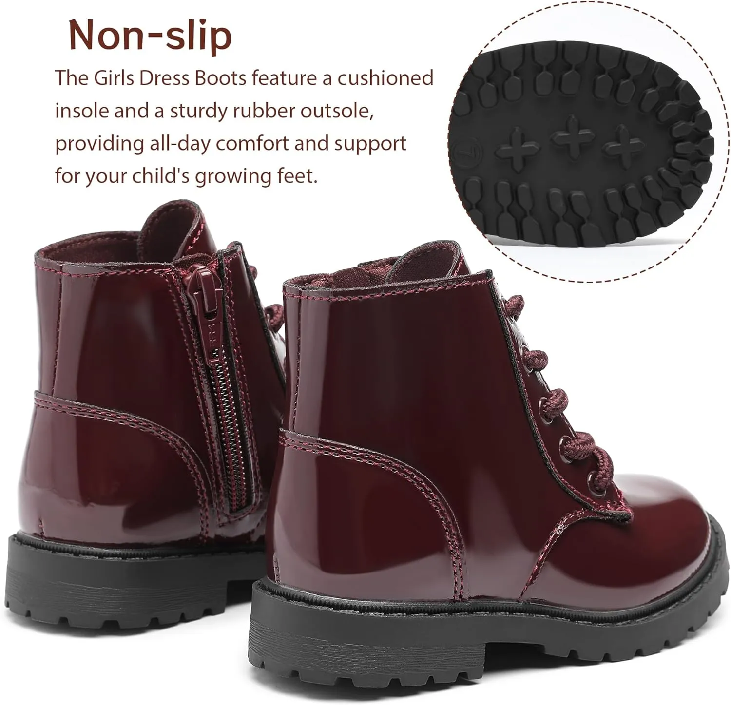 Girls Dress Boots Waterproof Combat Boots Lace Up Side Zipper Patent Ankle Booties for Toddler/Little Kid