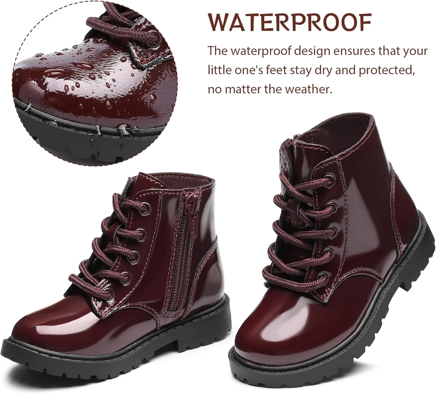 Girls Dress Boots Waterproof Combat Boots Lace Up Side Zipper Patent Ankle Booties for Toddler/Little Kid
