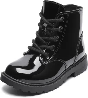 Girls Dress Boots Waterproof Combat Boots Lace Up Side Zipper Patent Ankle Booties for Toddler/Little Kid
