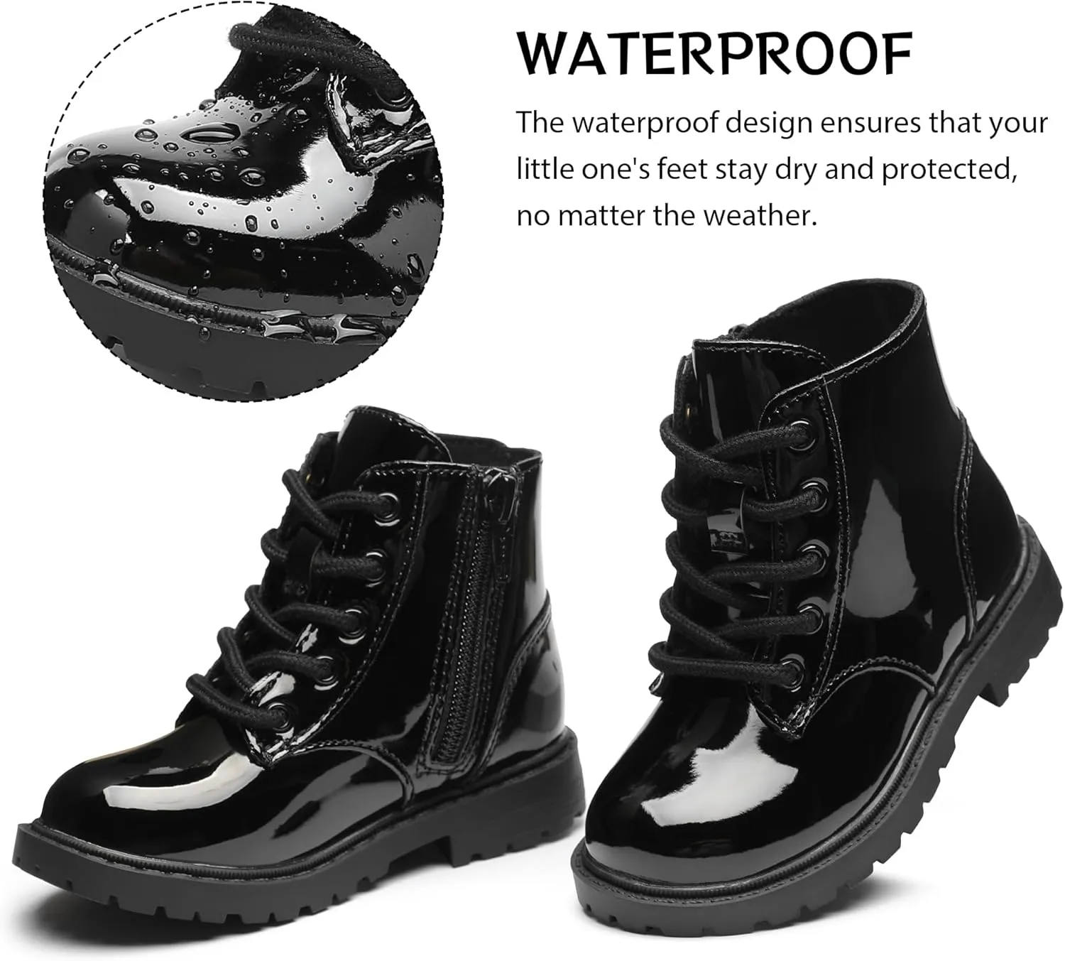 Girls Dress Boots Waterproof Combat Boots Lace Up Side Zipper Patent Ankle Booties for Toddler/Little Kid