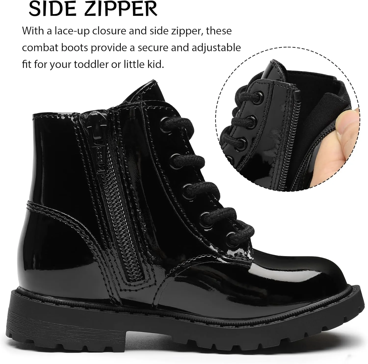 Girls Dress Boots Waterproof Combat Boots Lace Up Side Zipper Patent Ankle Booties for Toddler/Little Kid