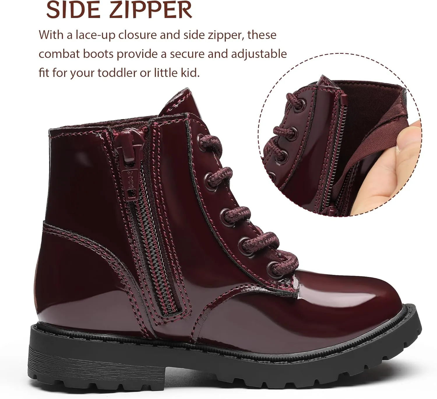 Girls Dress Boots Waterproof Combat Boots Lace Up Side Zipper Patent Ankle Booties for Toddler/Little Kid