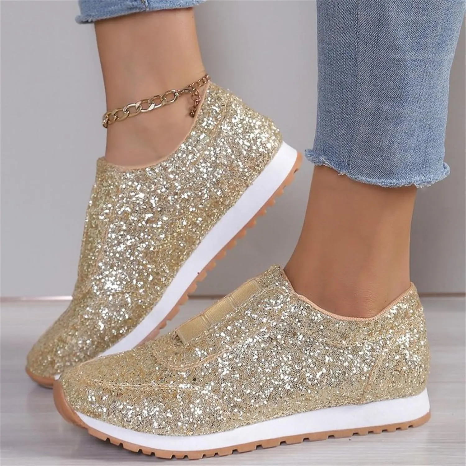 Glitter Womens Running Shoes Fashion Breathable Lace up Casual Summer Comfortable Outdoor Flat Bottom Walking Running Sneakers for Ladies