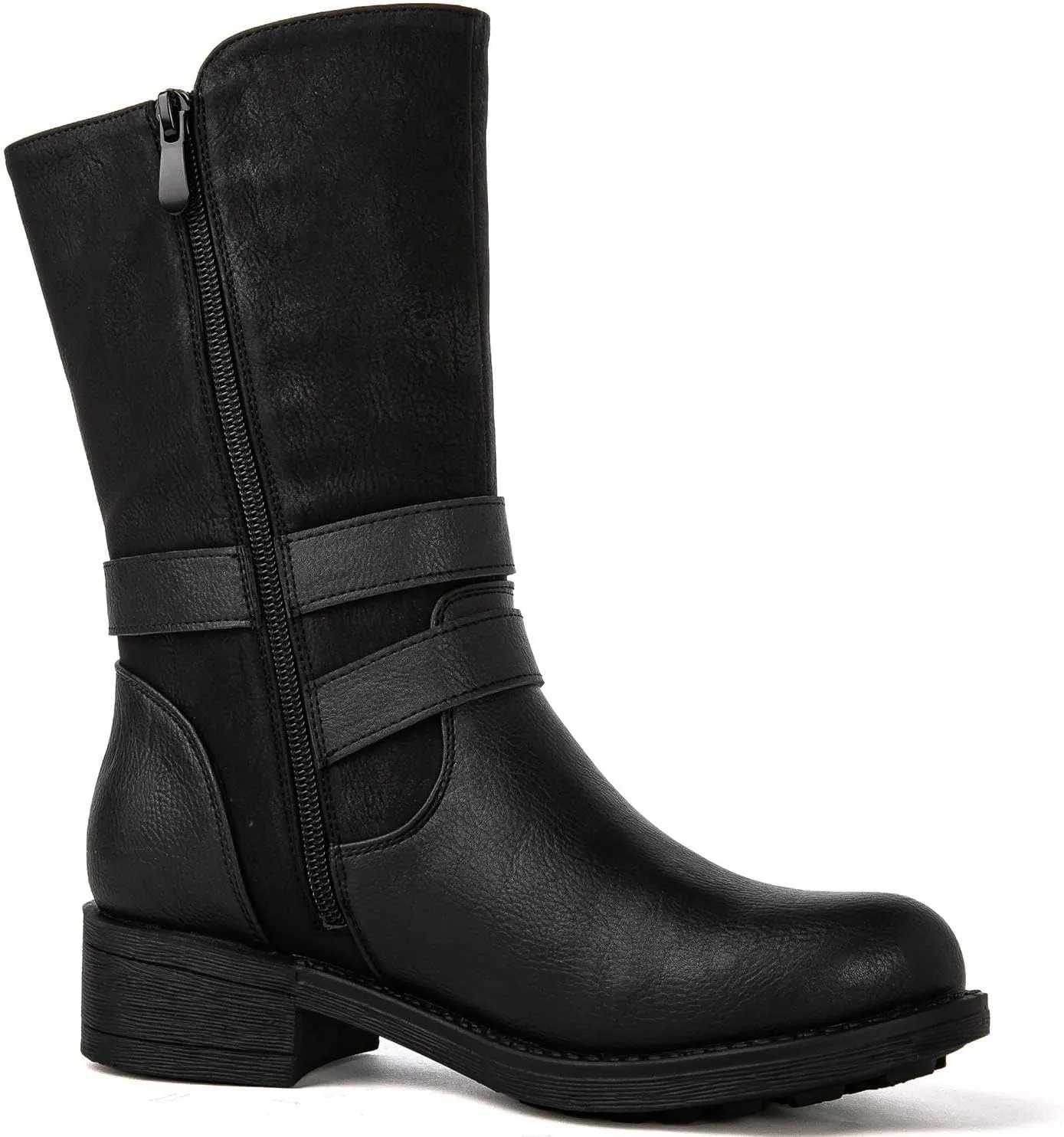 GLOBALWIN Women's Fall Fashion Biker Boots Mid Calf Boots For Women Low Heel