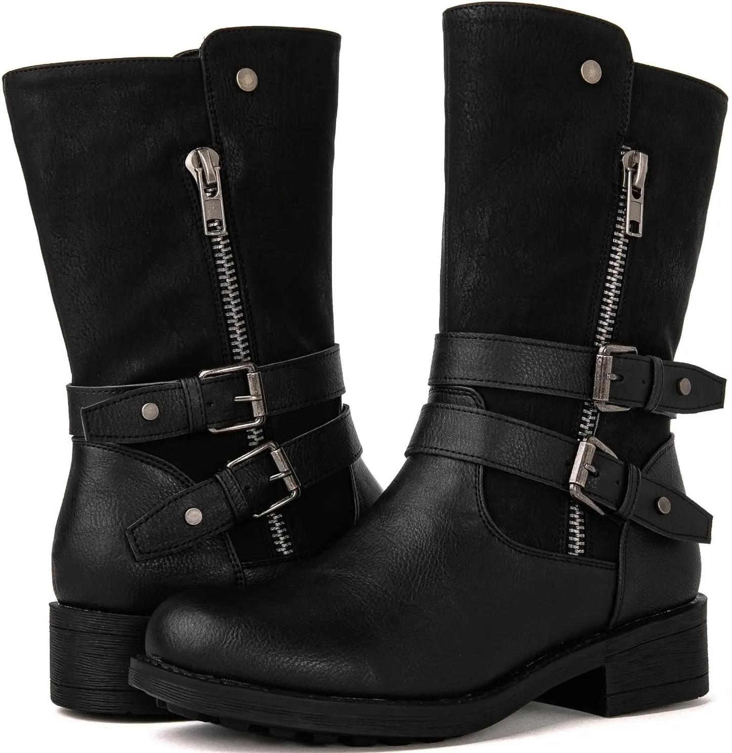 GLOBALWIN Women's Fall Fashion Biker Boots Mid Calf Boots For Women Low Heel