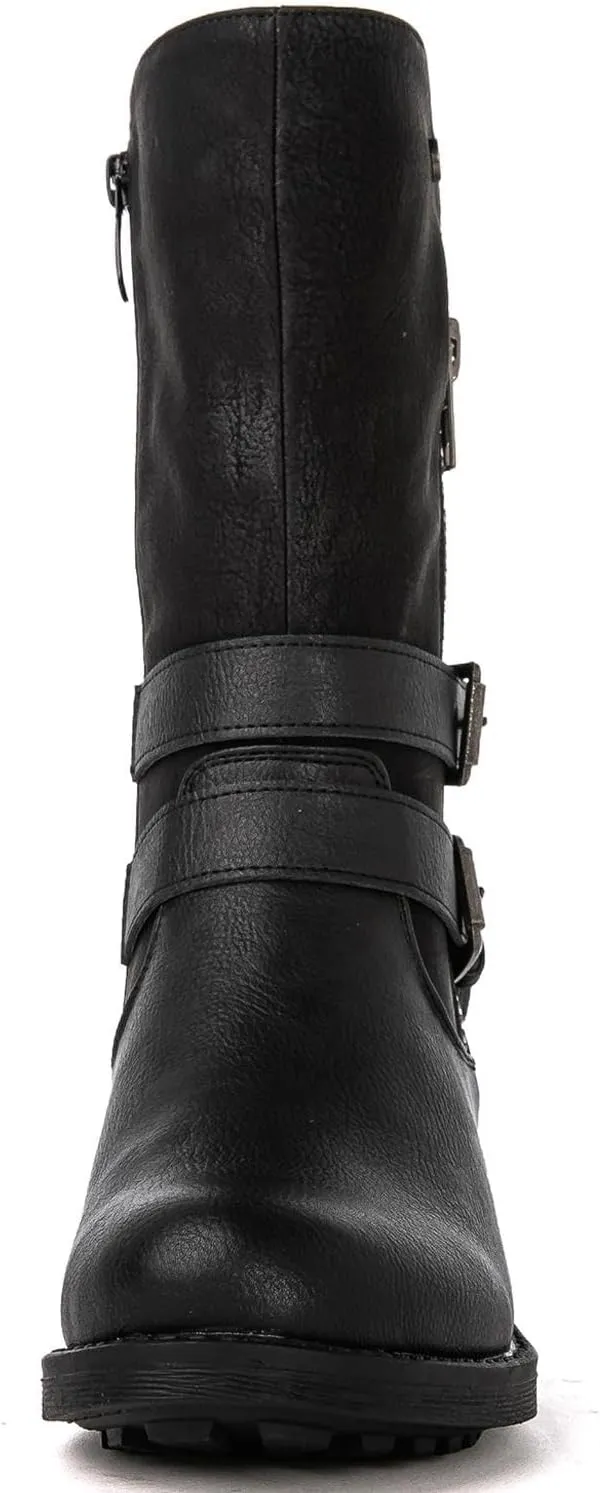 GLOBALWIN Women's Fall Fashion Biker Boots Mid Calf Boots For Women Low Heel