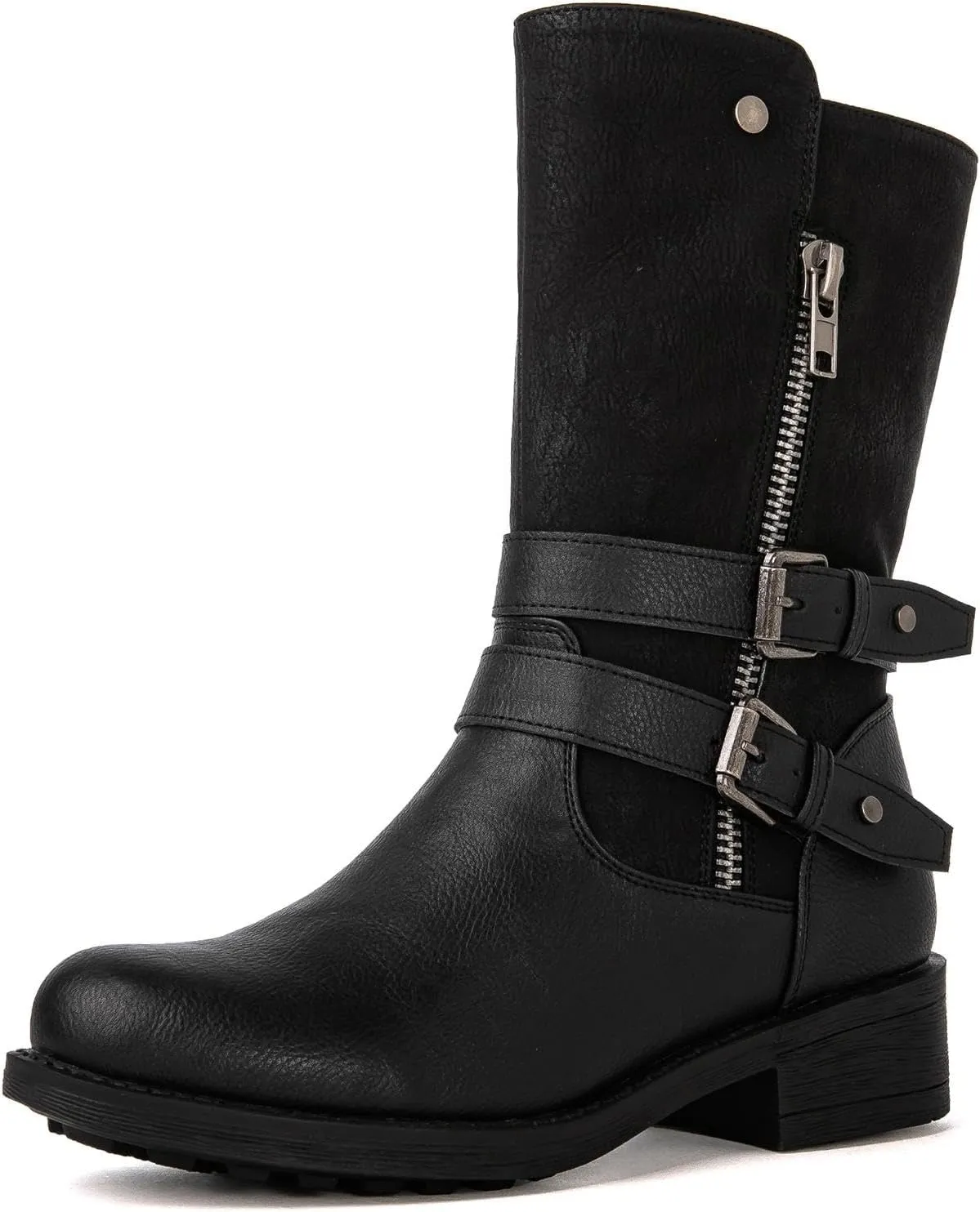 GLOBALWIN Women's Fall Fashion Biker Boots Mid Calf Boots For Women Low Heel