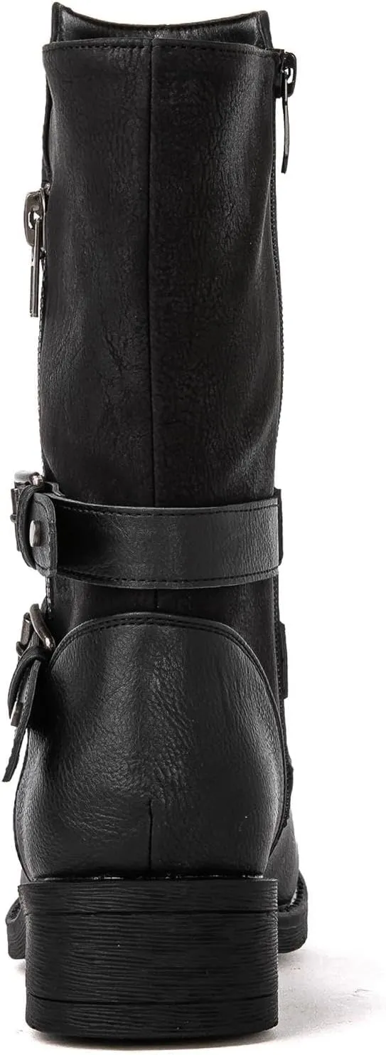 GLOBALWIN Women's Fall Fashion Biker Boots Mid Calf Boots For Women Low Heel