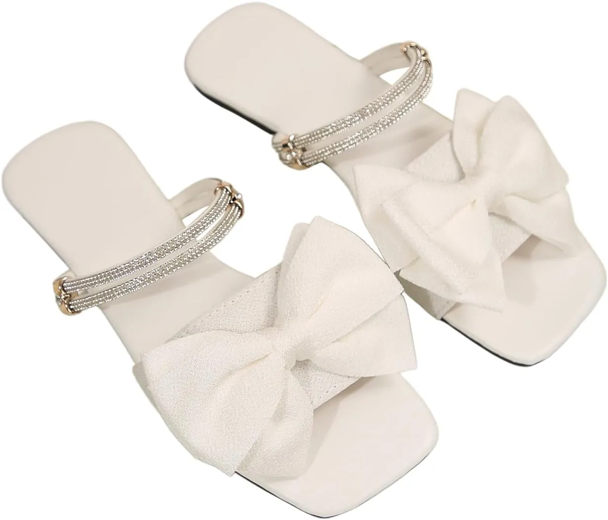 GORGLITTER Women's Bow Flat Sandals Dressy Rhinestone Slides Comfort Sandals Cute Slip On Shoes