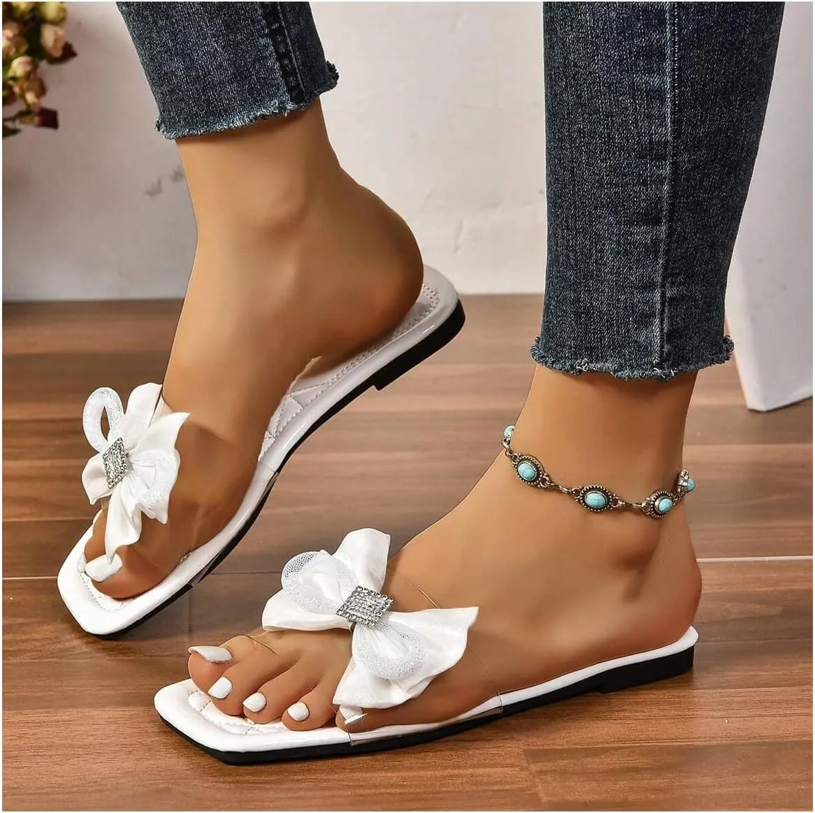 GORGLITTER Women's Clear Sandals Bow Flat Dressy Open Toe Slip on Slide Comfortable Sandals