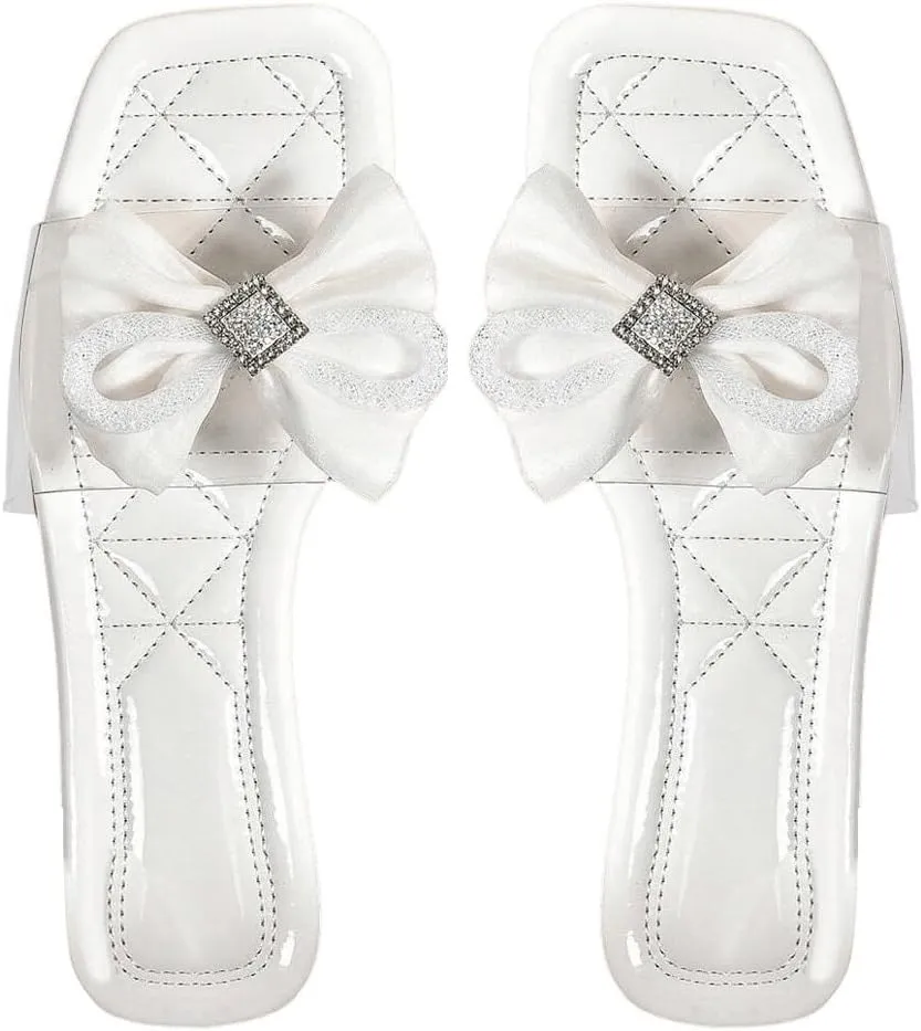 GORGLITTER Women's Clear Sandals Bow Flat Dressy Open Toe Slip on Slide Comfortable Sandals