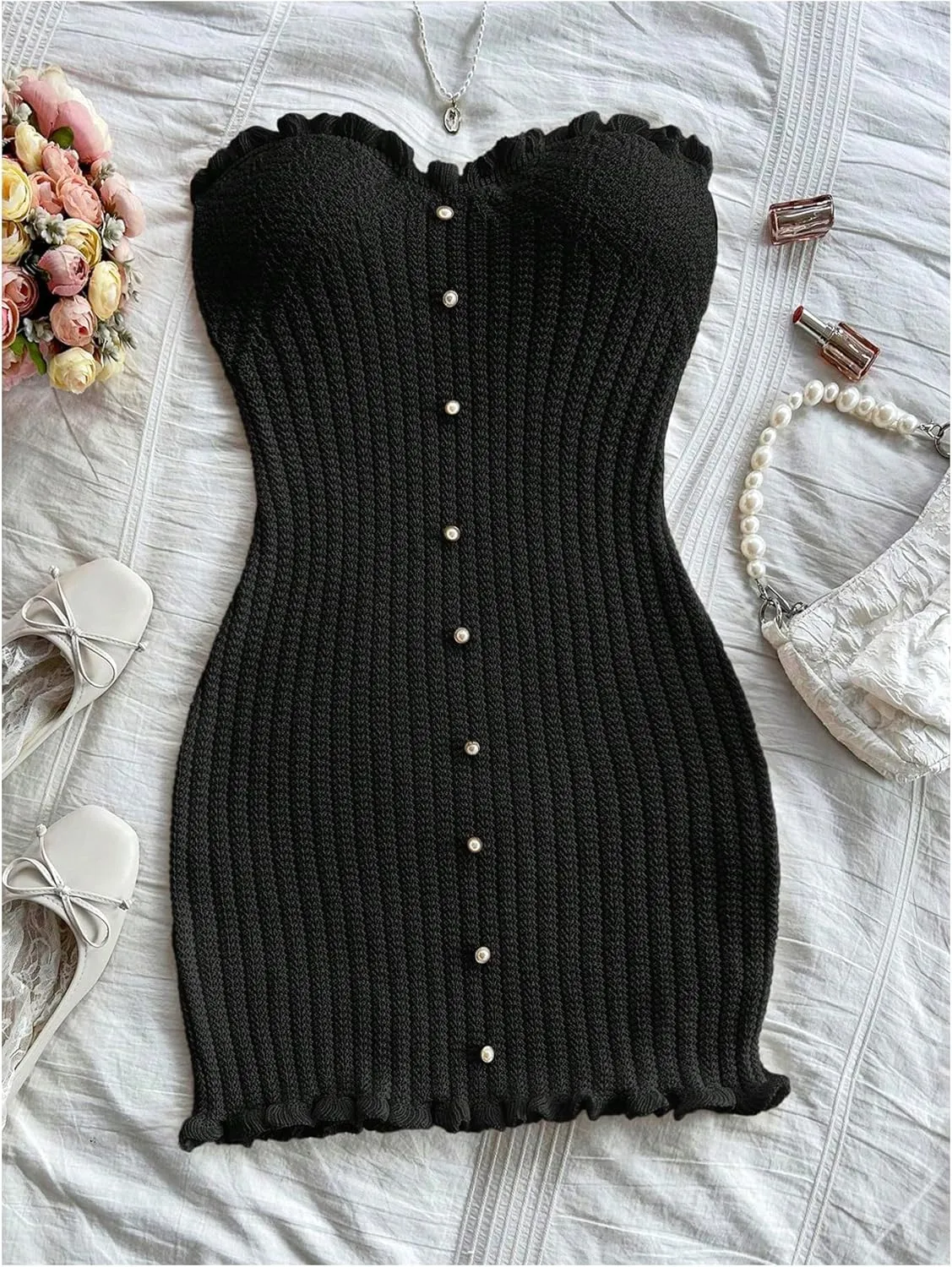 GORGLITTER Women's Pearl Strapless Bodycon Mini Dress Knit Wedding Guest Birthday Going Out Vacation Tube Top Dresses
