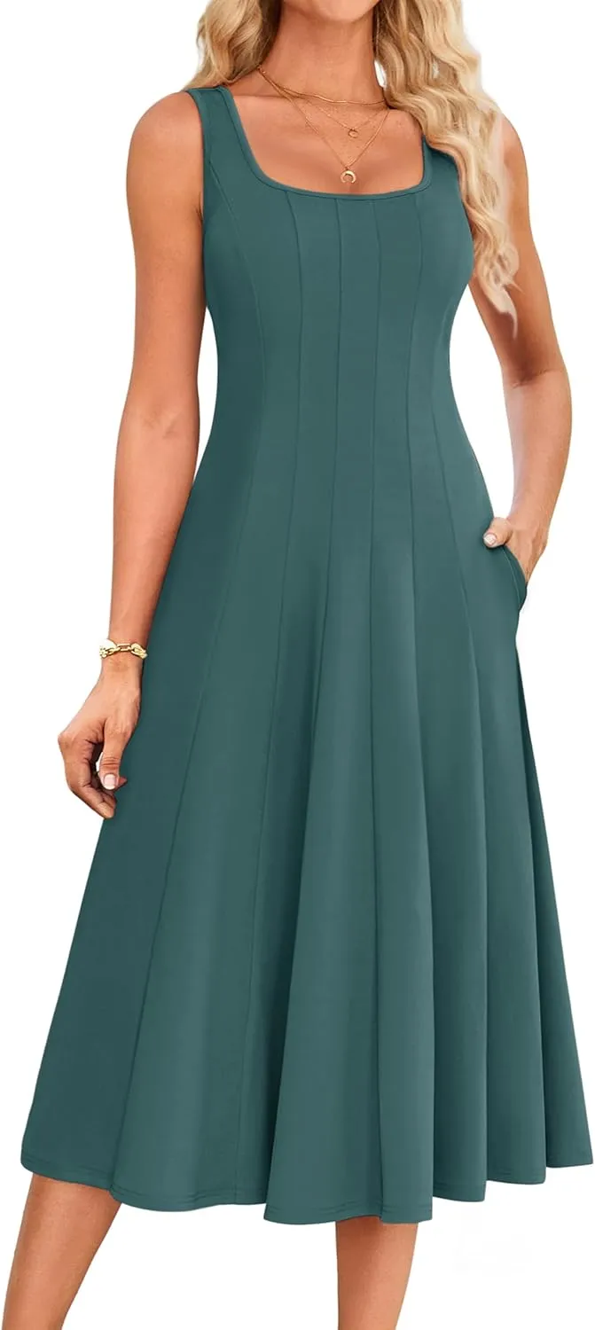 GRACE KARIN Womens 2025 Trendy Casual Tank Dresses Square Neck Sleeveless A Line Midi Sundress with Pockets