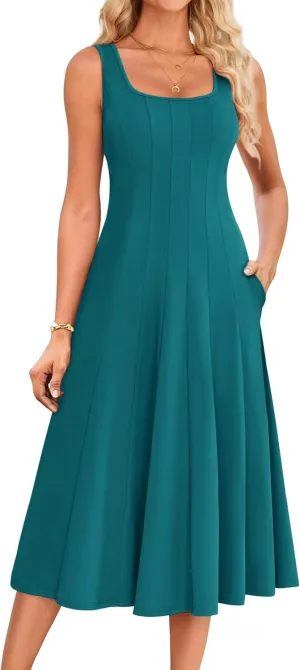 GRACE KARIN Womens 2025 Trendy Casual Tank Dresses Square Neck Sleeveless A Line Midi Sundress with Pockets