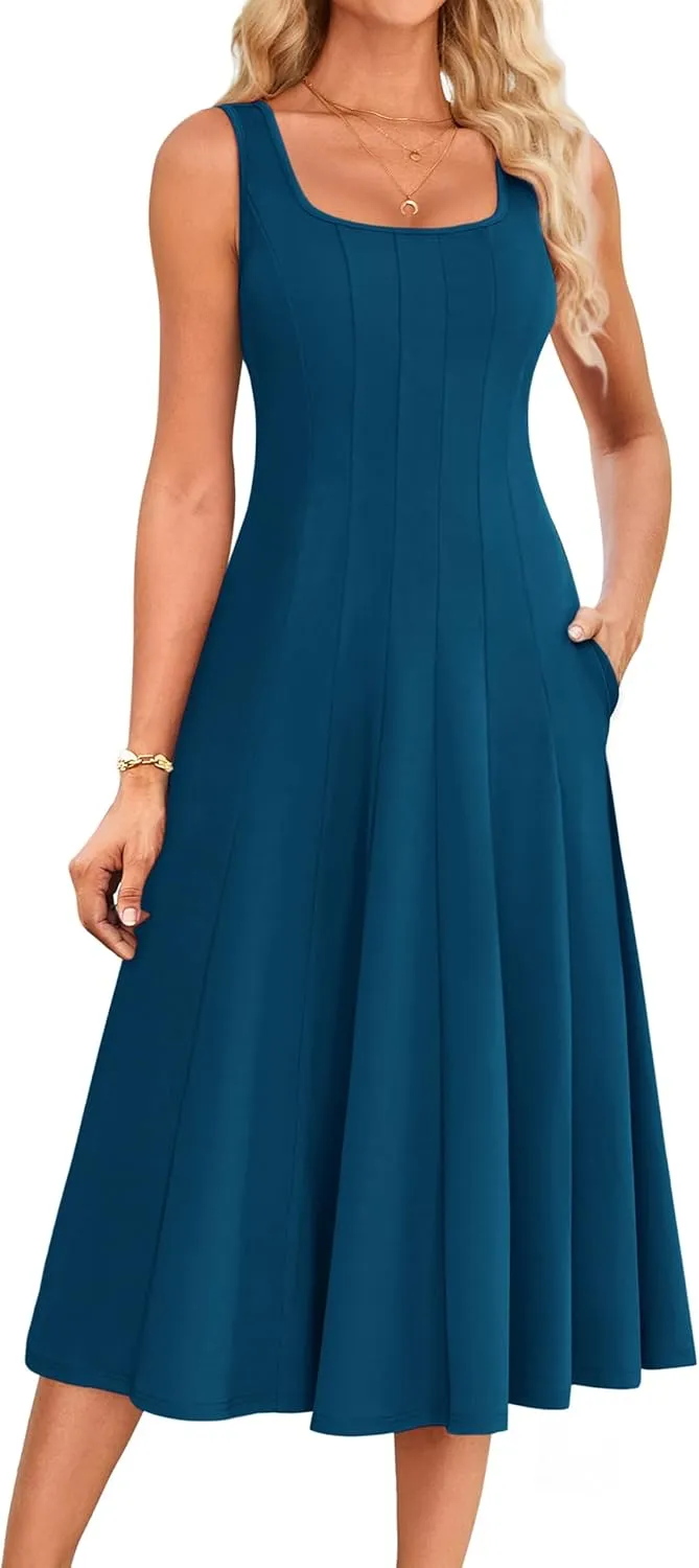 GRACE KARIN Womens 2025 Trendy Casual Tank Dresses Square Neck Sleeveless A Line Midi Sundress with Pockets
