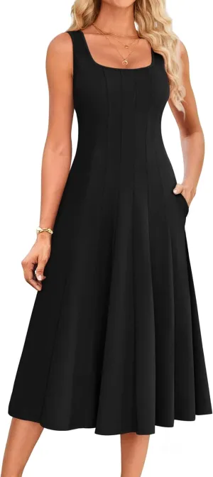 GRACE KARIN Womens 2025 Trendy Casual Tank Dresses Square Neck Sleeveless A Line Midi Sundress with Pockets