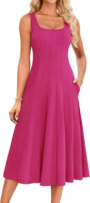GRACE KARIN Womens 2025 Trendy Casual Tank Dresses Square Neck Sleeveless A Line Midi Sundress with Pockets