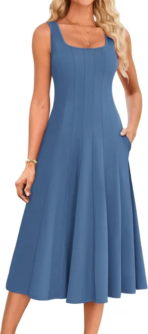 GRACE KARIN Womens 2025 Trendy Casual Tank Dresses Square Neck Sleeveless A Line Midi Sundress with Pockets