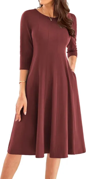 GRACE KARIN Womens 2025 Trendy Dresses Crew Neck 3/4 Sleeve A Line Loose Casual Midi Dress with Pockets