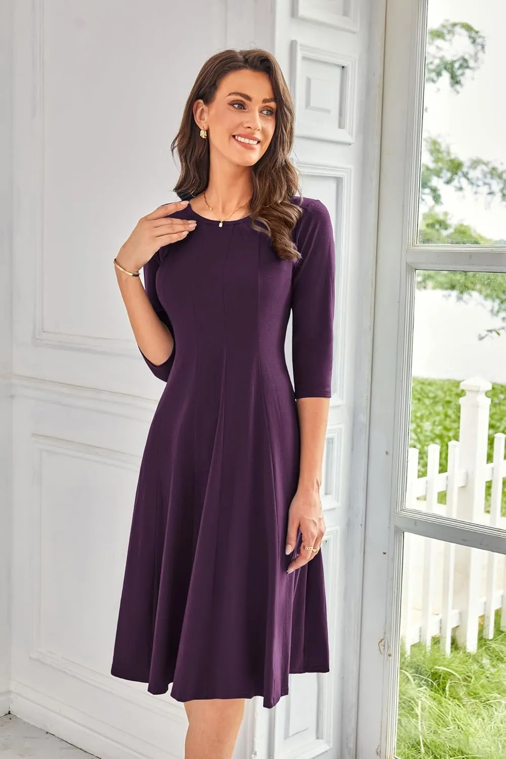 GRACE KARIN Womens 2025 Trendy Dresses Crew Neck 3/4 Sleeve A Line Loose Casual Midi Dress with Pockets