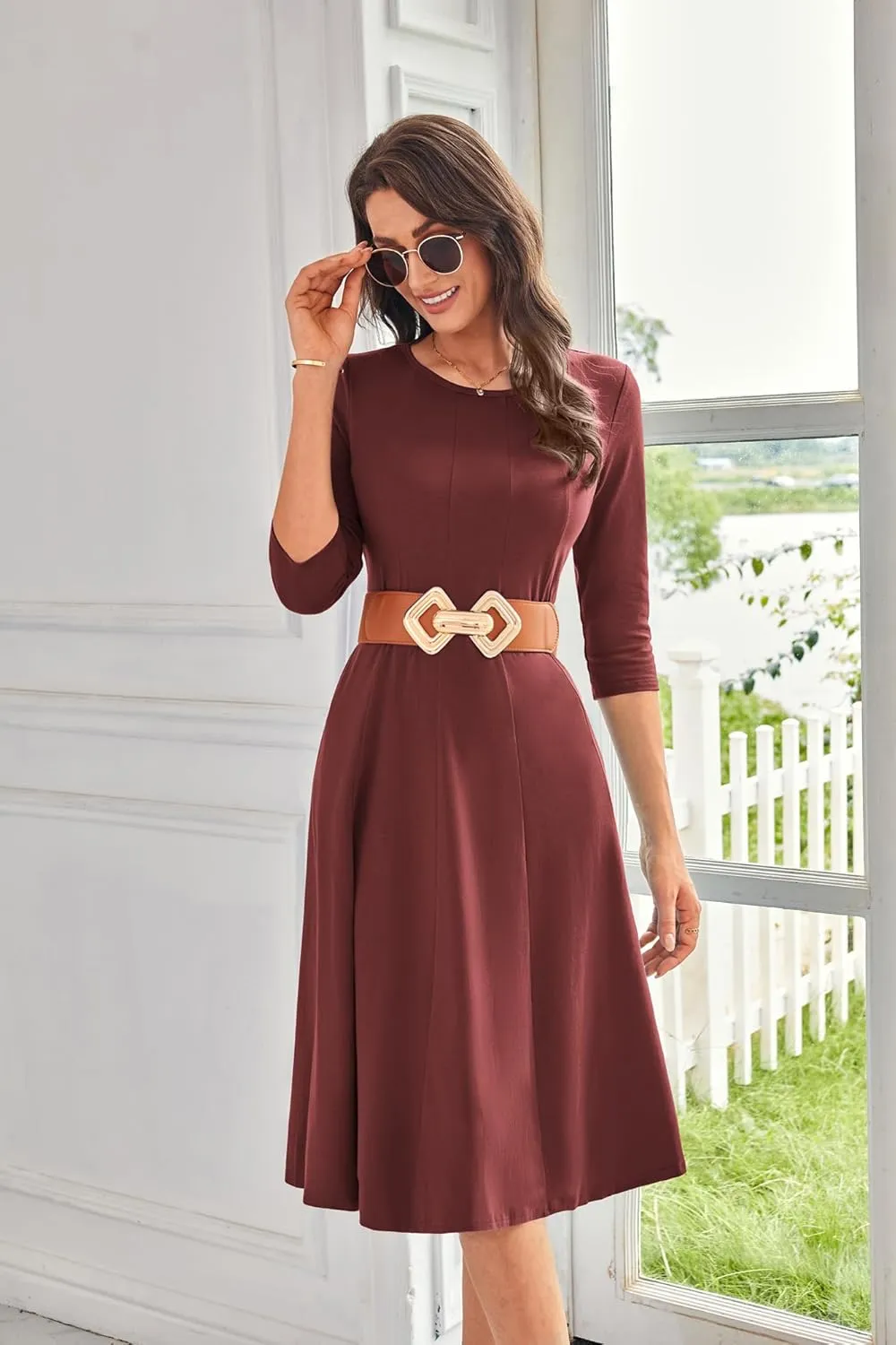 GRACE KARIN Womens 2025 Trendy Dresses Crew Neck 3/4 Sleeve A Line Loose Casual Midi Dress with Pockets