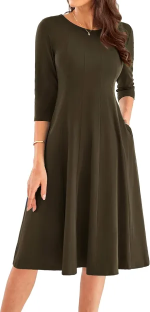 GRACE KARIN Womens 2025 Trendy Dresses Crew Neck 3/4 Sleeve A Line Loose Casual Midi Dress with Pockets