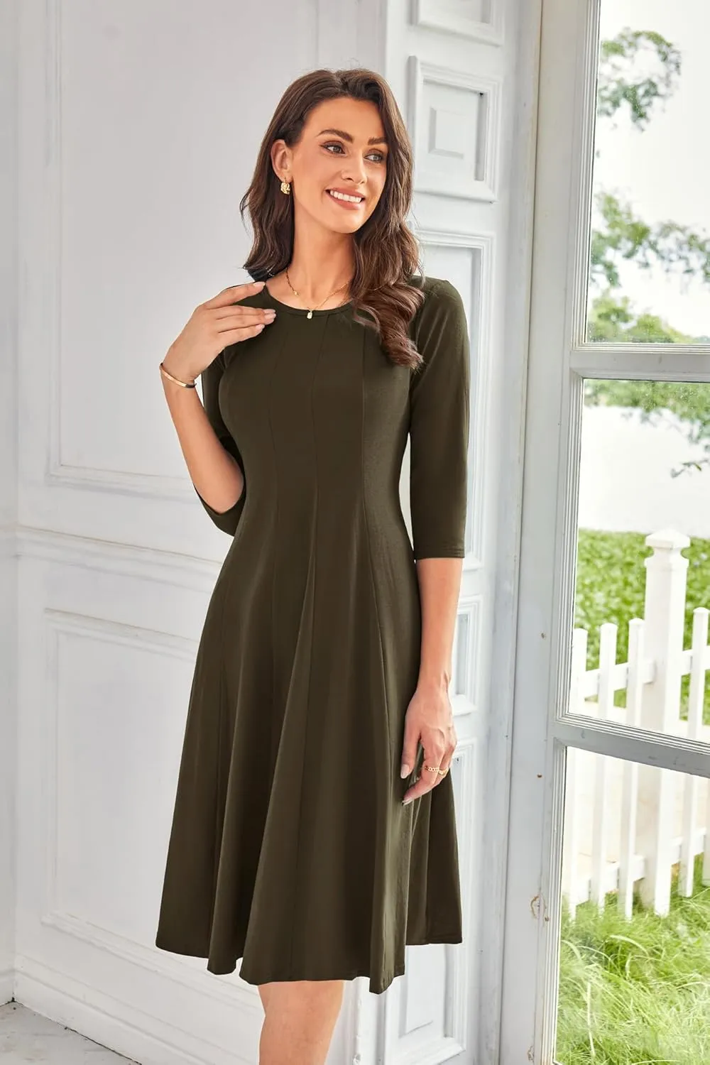 GRACE KARIN Womens 2025 Trendy Dresses Crew Neck 3/4 Sleeve A Line Loose Casual Midi Dress with Pockets