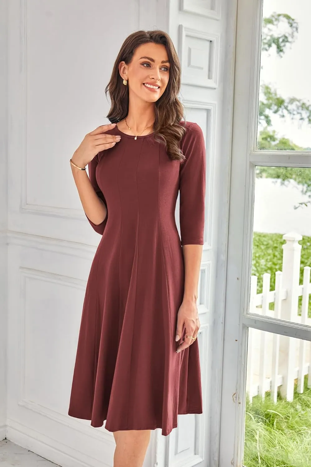 GRACE KARIN Womens 2025 Trendy Dresses Crew Neck 3/4 Sleeve A Line Loose Casual Midi Dress with Pockets