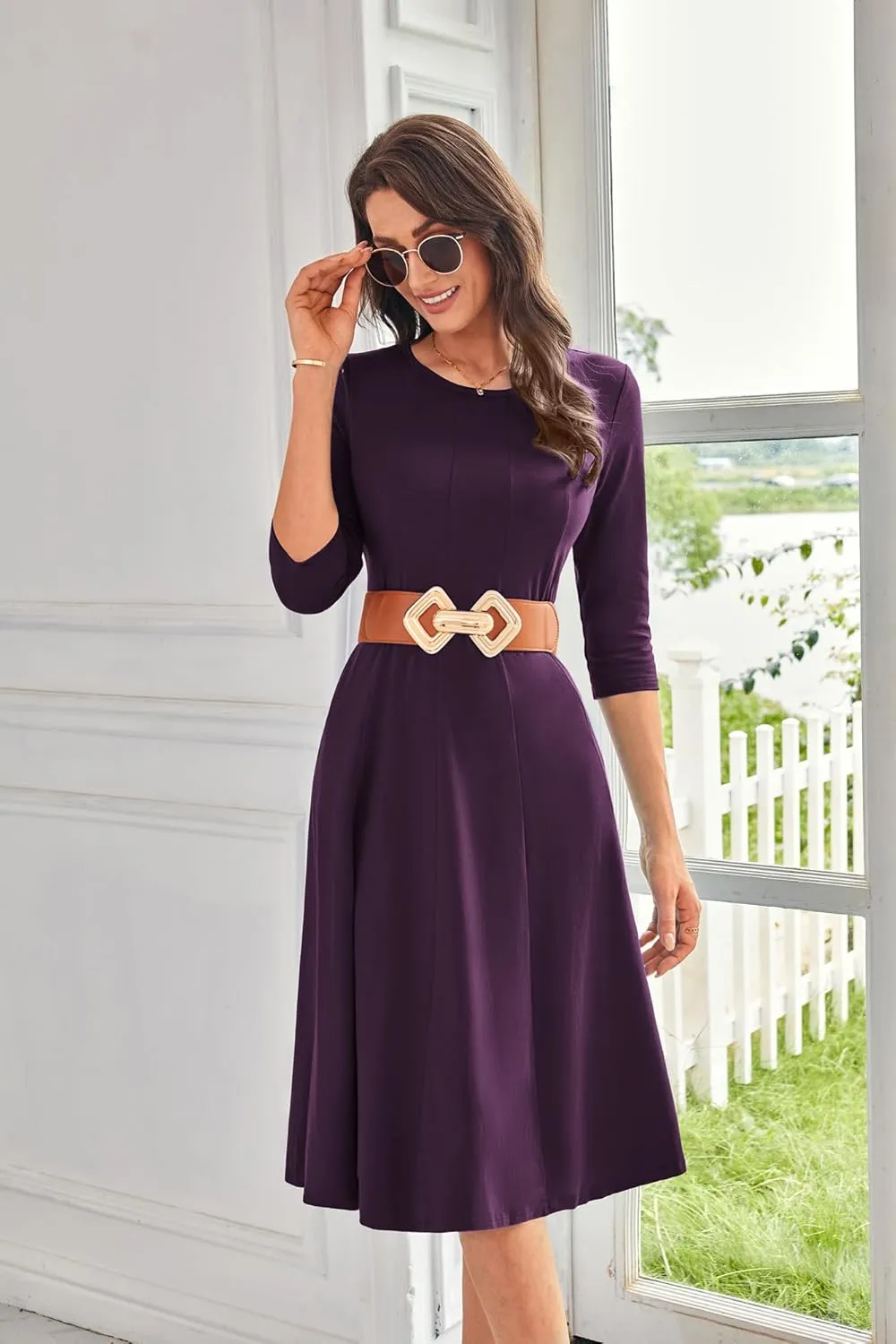 GRACE KARIN Womens 2025 Trendy Dresses Crew Neck 3/4 Sleeve A Line Loose Casual Midi Dress with Pockets
