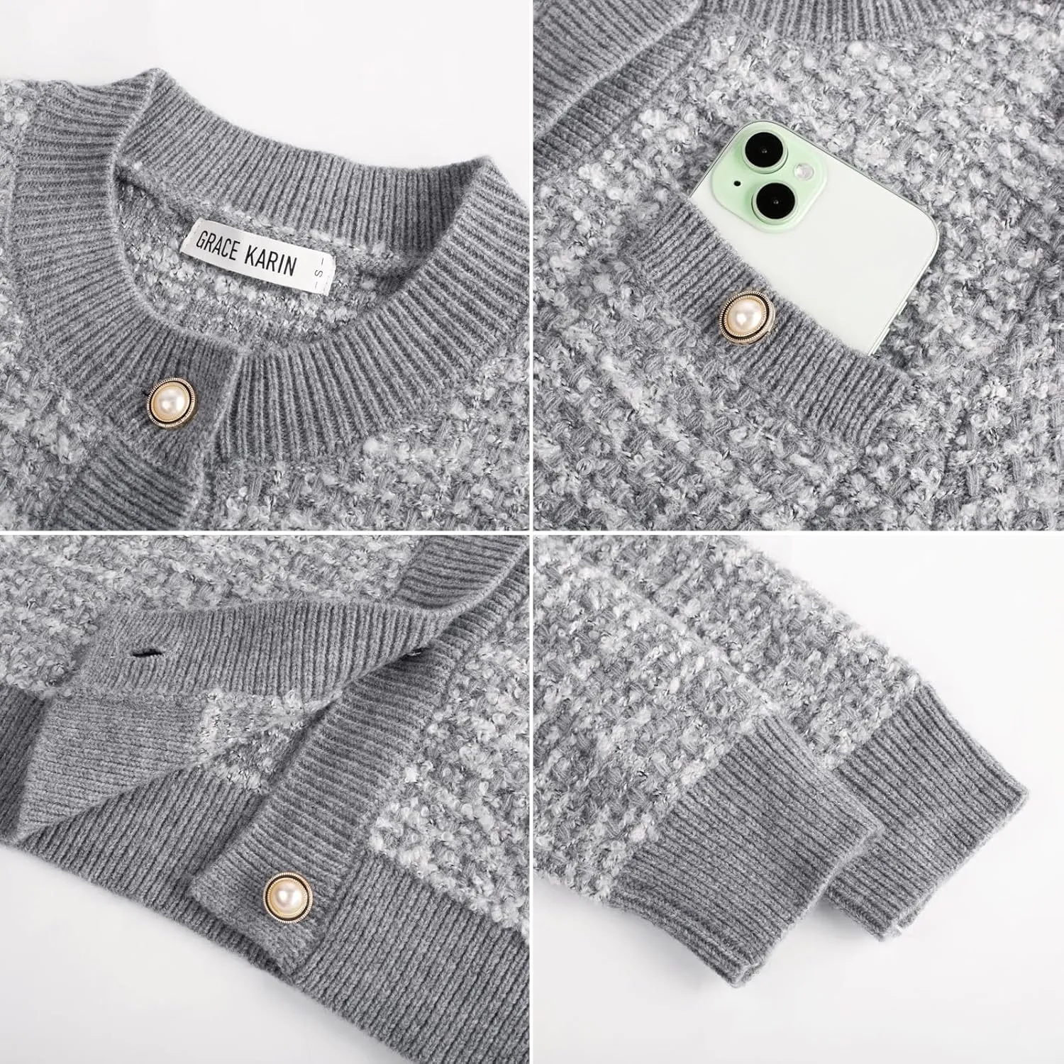 GRACE KARIN Womens Open Front Button Down Long Sleeve Texture Knit Cardigan Sweaters with Pockets