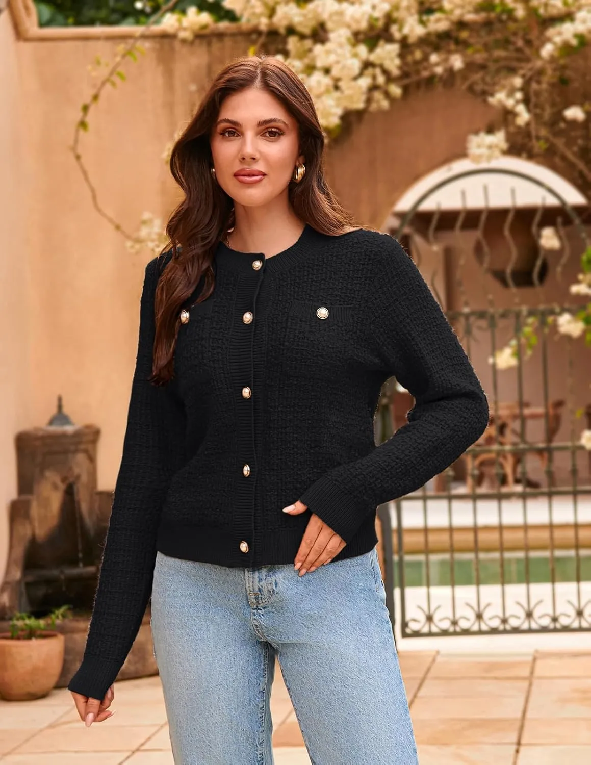 GRACE KARIN Womens Open Front Button Down Long Sleeve Texture Knit Cardigan Sweaters with Pockets