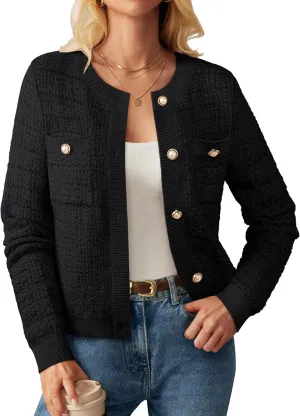 GRACE KARIN Womens Open Front Button Down Long Sleeve Texture Knit Cardigan Sweaters with Pockets