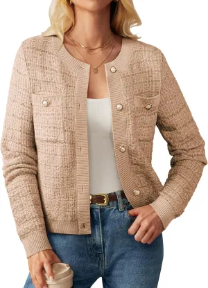 GRACE KARIN Womens Open Front Button Down Long Sleeve Texture Knit Cardigan Sweaters with Pockets