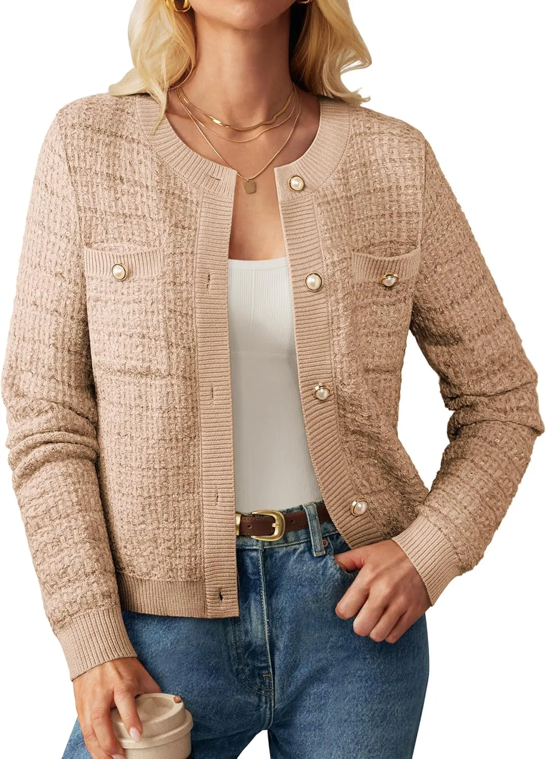 GRACE KARIN Womens Open Front Button Down Long Sleeve Texture Knit Cardigan Sweaters with Pockets