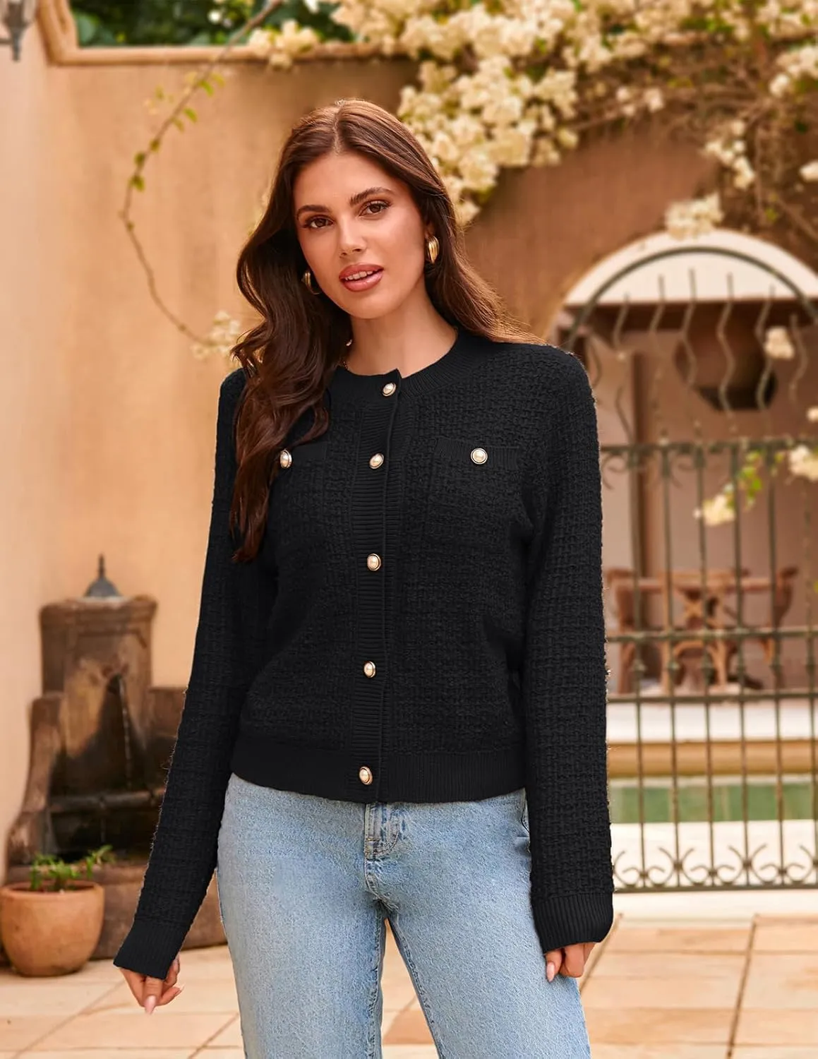 GRACE KARIN Womens Open Front Button Down Long Sleeve Texture Knit Cardigan Sweaters with Pockets