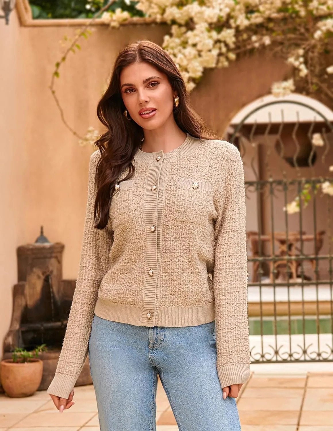 GRACE KARIN Womens Open Front Button Down Long Sleeve Texture Knit Cardigan Sweaters with Pockets