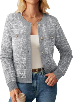 GRACE KARIN Womens Open Front Button Down Long Sleeve Texture Knit Cardigan Sweaters with Pockets