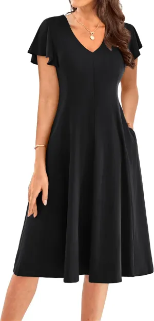 GRACE KARIN Women's Summer Wedding Guest Dresses 2025 Soft Knit Flutter Sleeve Casual Formal Swing Dress with Pocket