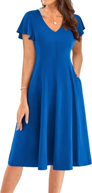 GRACE KARIN Women's Summer Wedding Guest Dresses 2025 Soft Knit Flutter Sleeve Casual Formal Swing Dress with Pocket