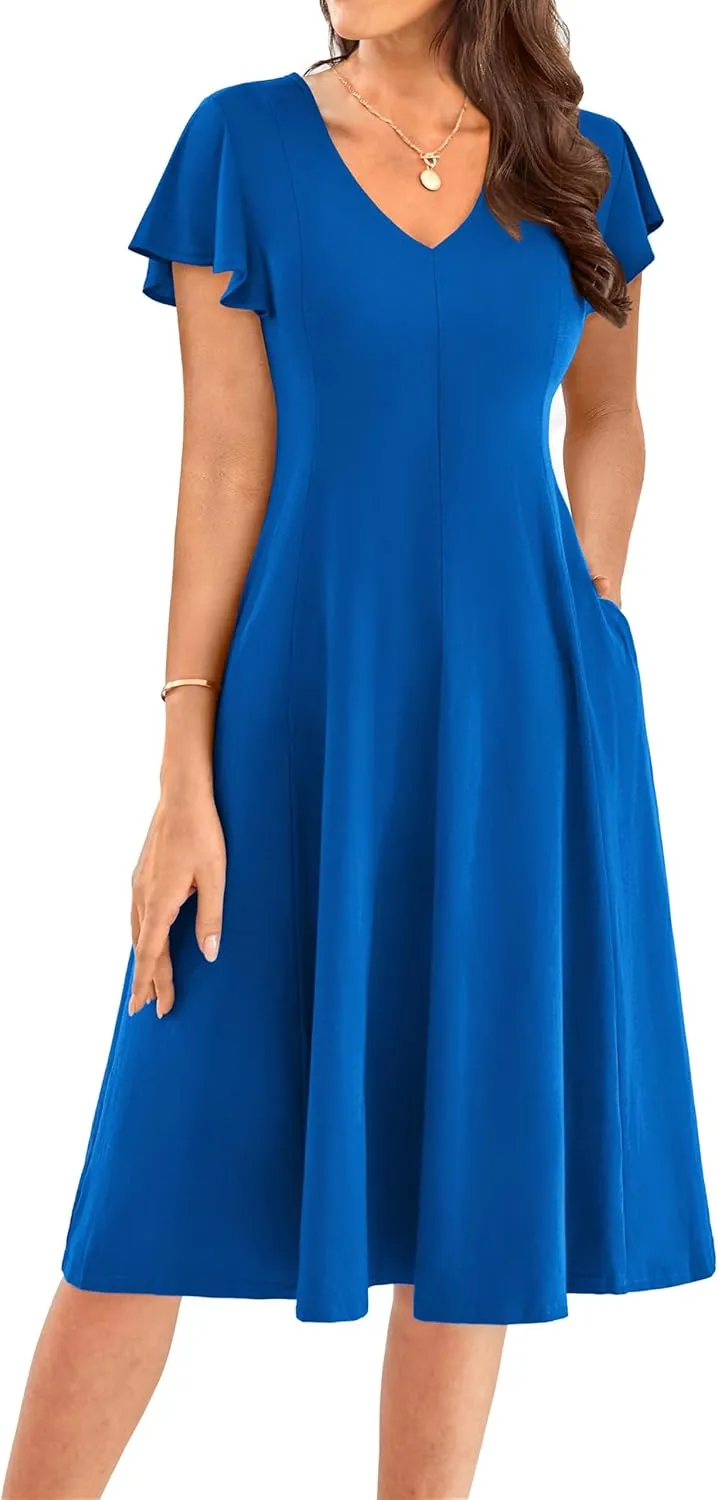 GRACE KARIN Women's Summer Wedding Guest Dresses 2025 Soft Knit Flutter Sleeve Casual Formal Swing Dress with Pocket