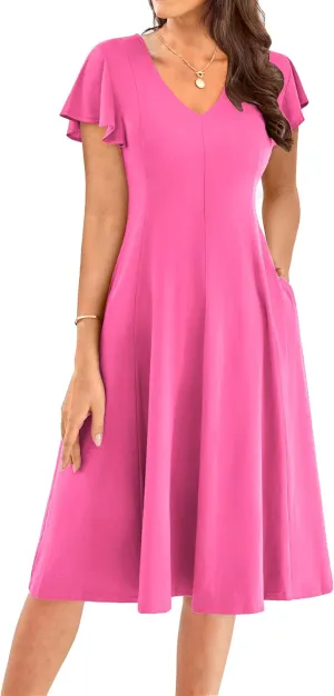 GRACE KARIN Women's Summer Wedding Guest Dresses 2025 Soft Knit Flutter Sleeve Casual Formal Swing Dress with Pocket