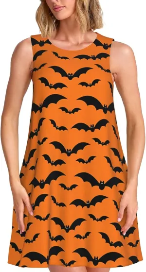 Halloween Spider Web Women's Sleeveless Dress Knee Length Dresses with Pockets Summer Shirt for Travel Office Beach